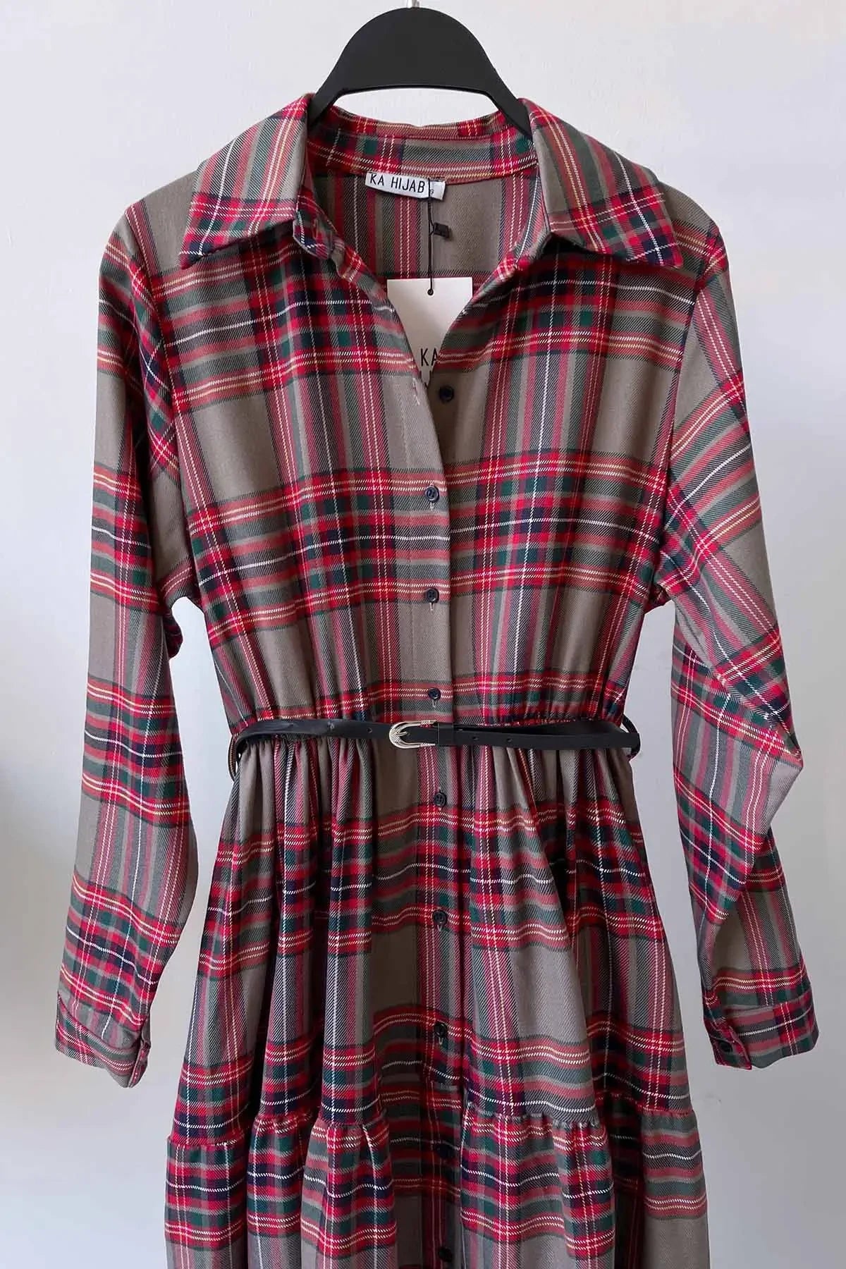 Plaid Dress with Front Buttons - Brown