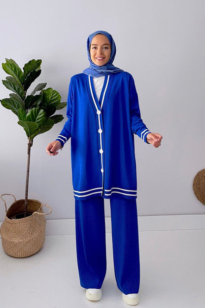 Mercerized Cardigan & Trouser Suit - Saxe