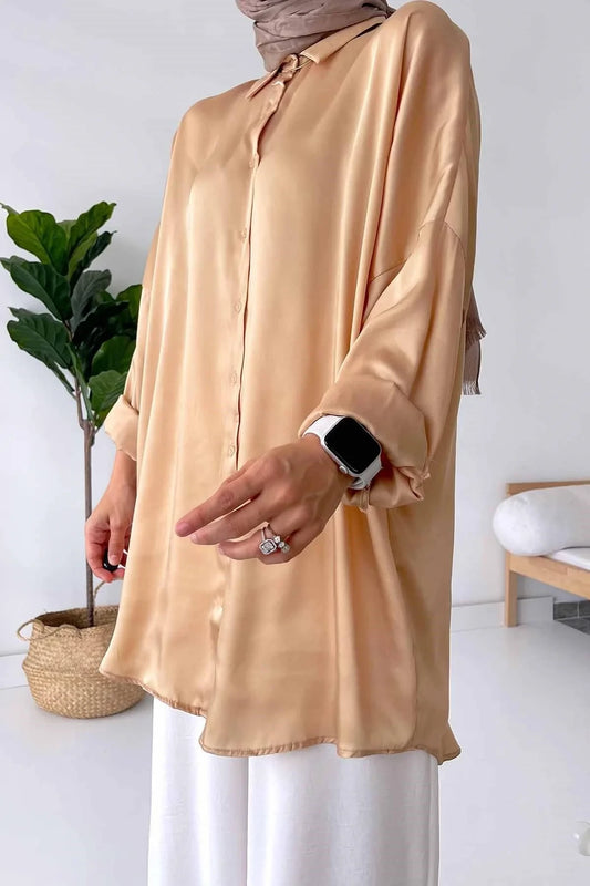 Oversize Satin Shirt - Camel