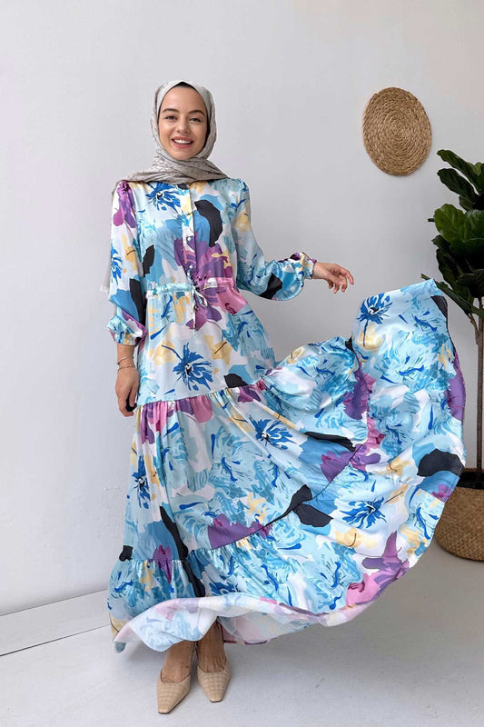 Floral Satin Dress - Blue