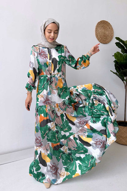 Floral Satin Dress - Green