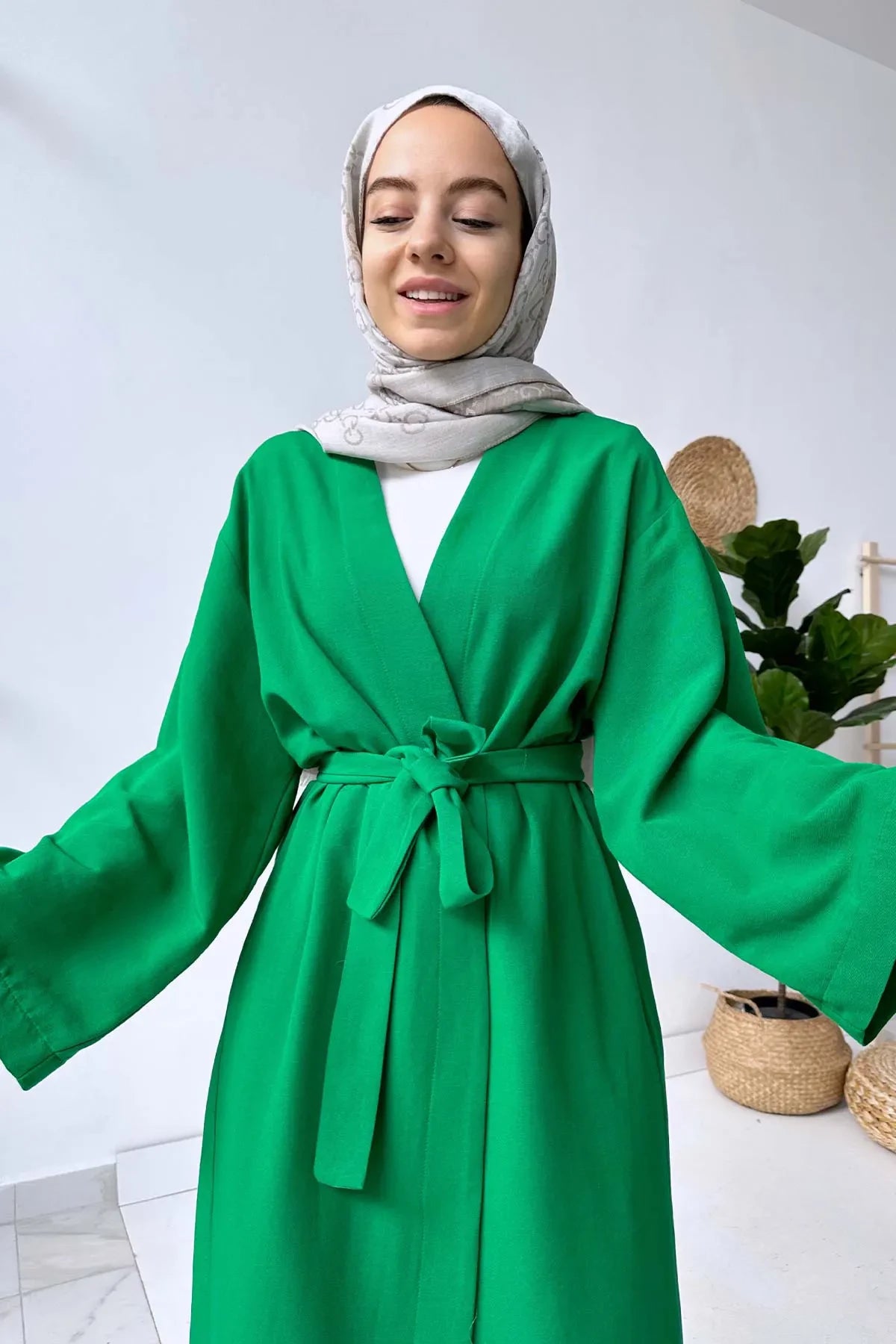 Long Belted Linen Kimono - Green