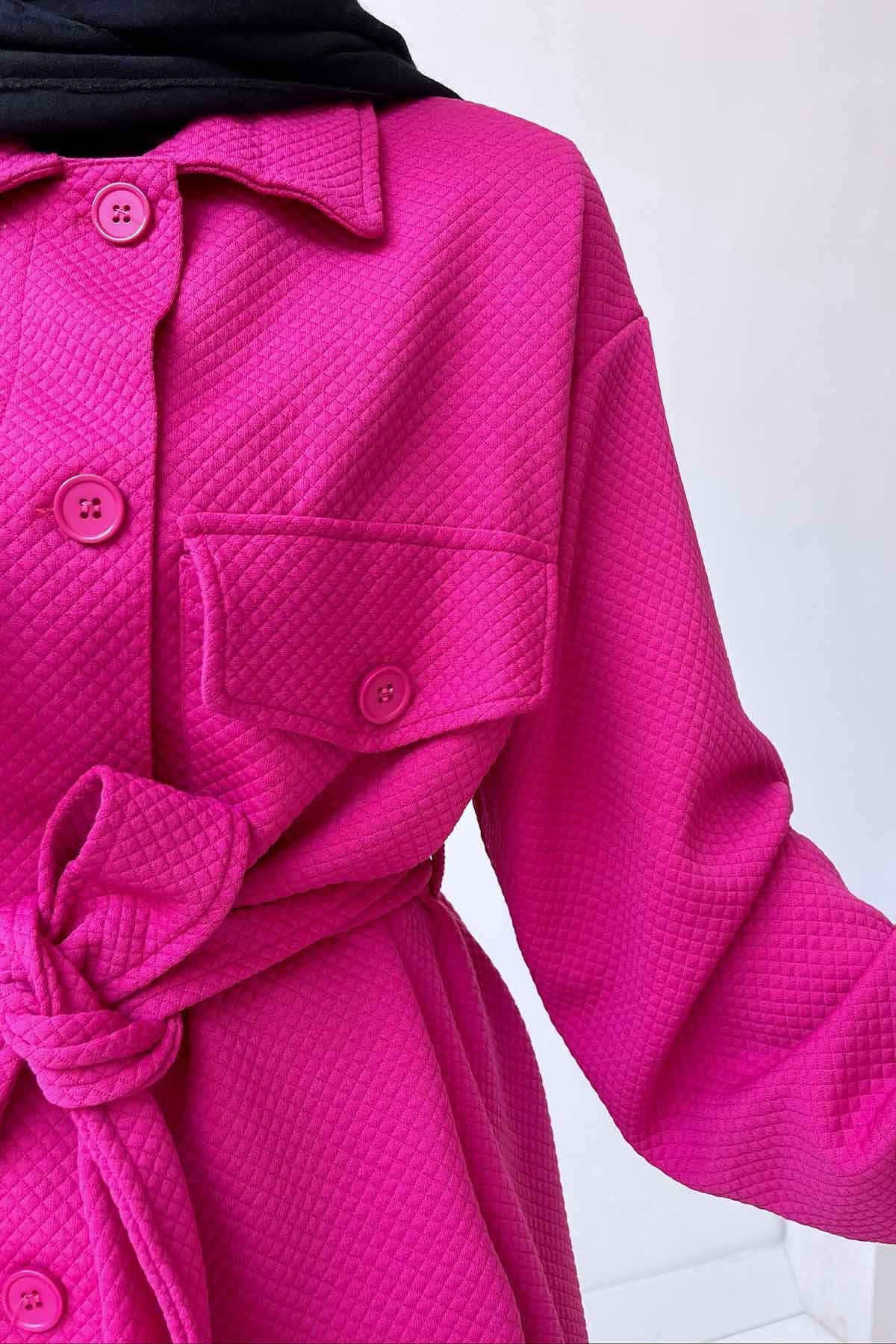 Self-Patterned Belted Shirt - Fuchsia