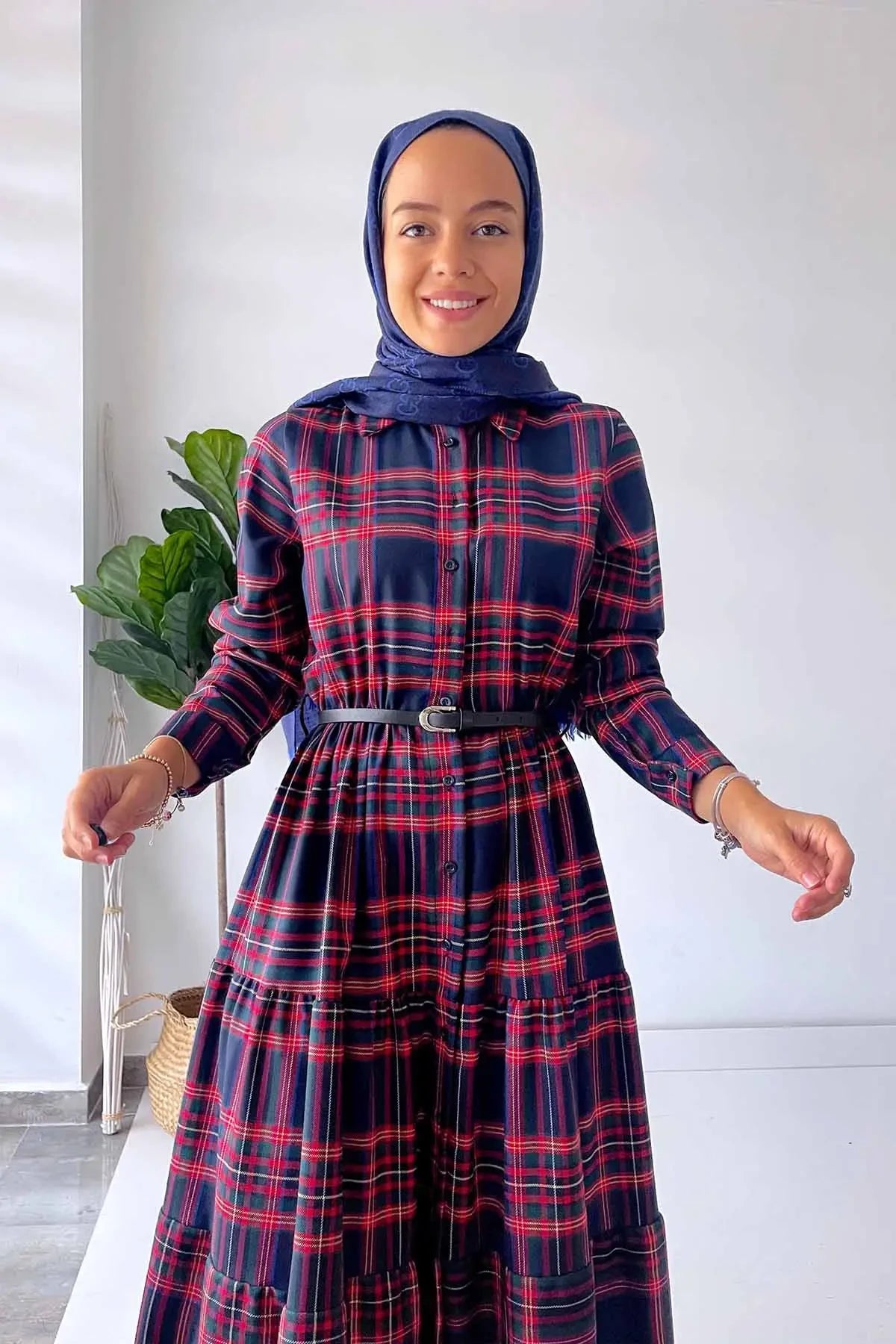 Plaid Dress with Front Buttons - Navy Blue