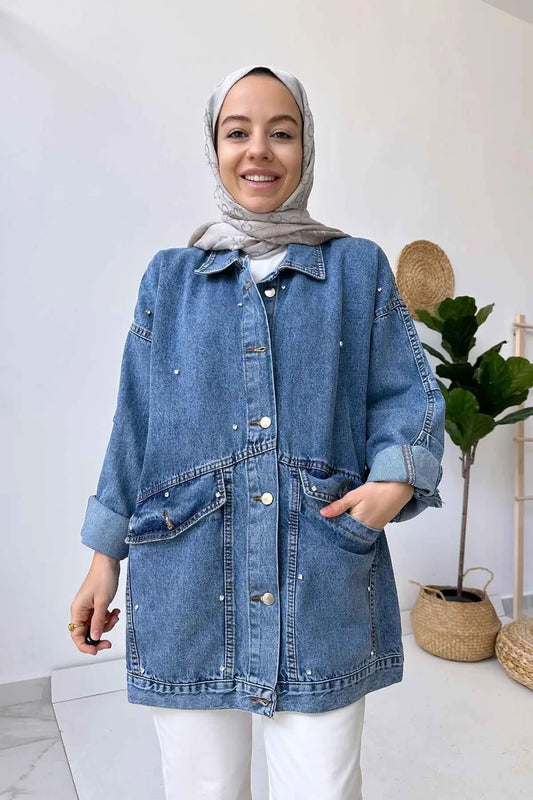 Denim Jacket with Double Pocket Stones - Blue