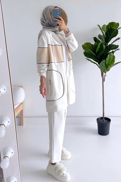 Hoodie Line Suit - White/Beige