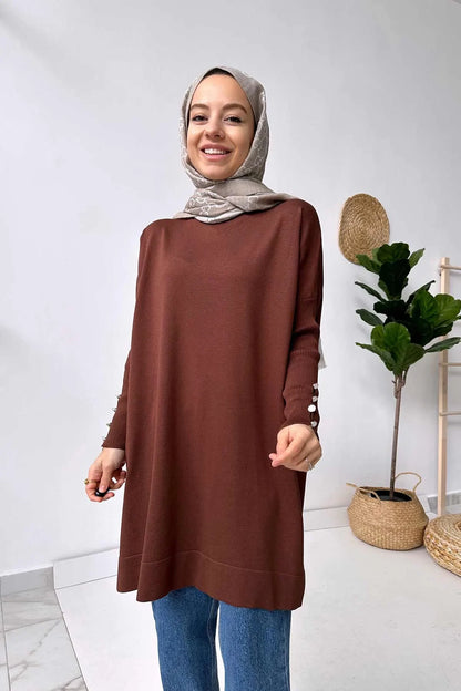 Sleeve Detail Mercerized Tunic - Brown