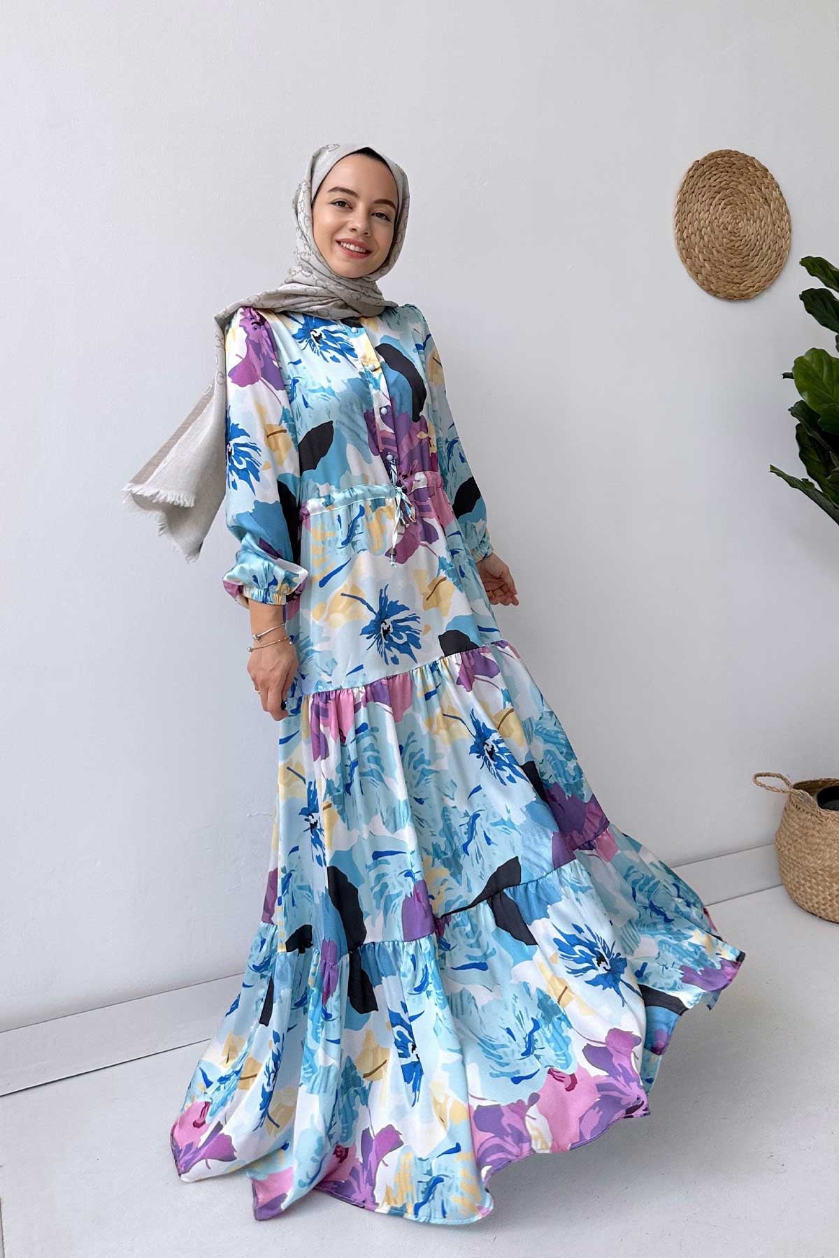 Floral Satin Dress - Blue