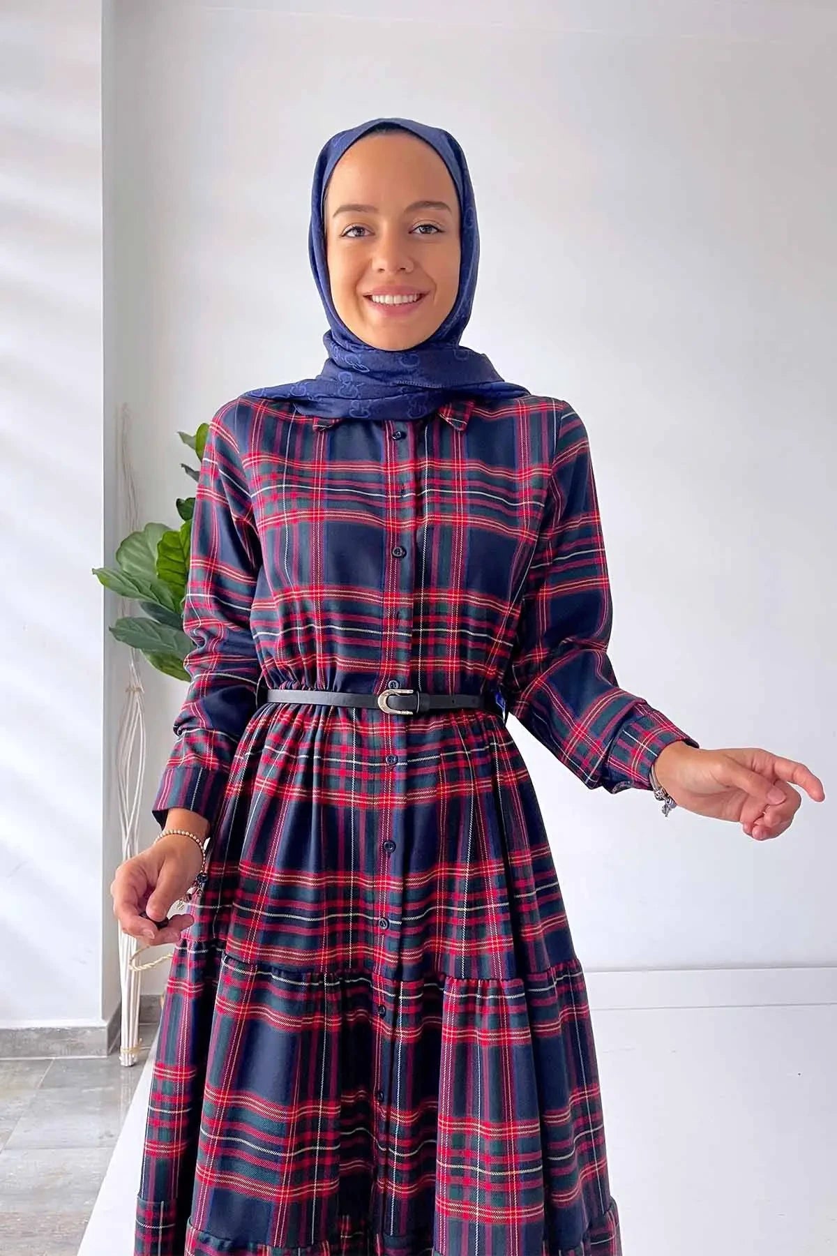 Plaid Dress with Front Buttons - Navy Blue