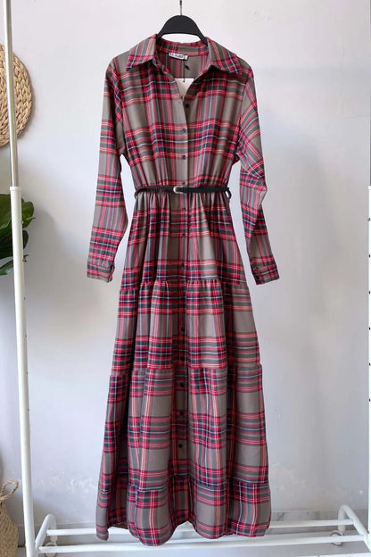 Plaid Dress with Front Buttons - Brown