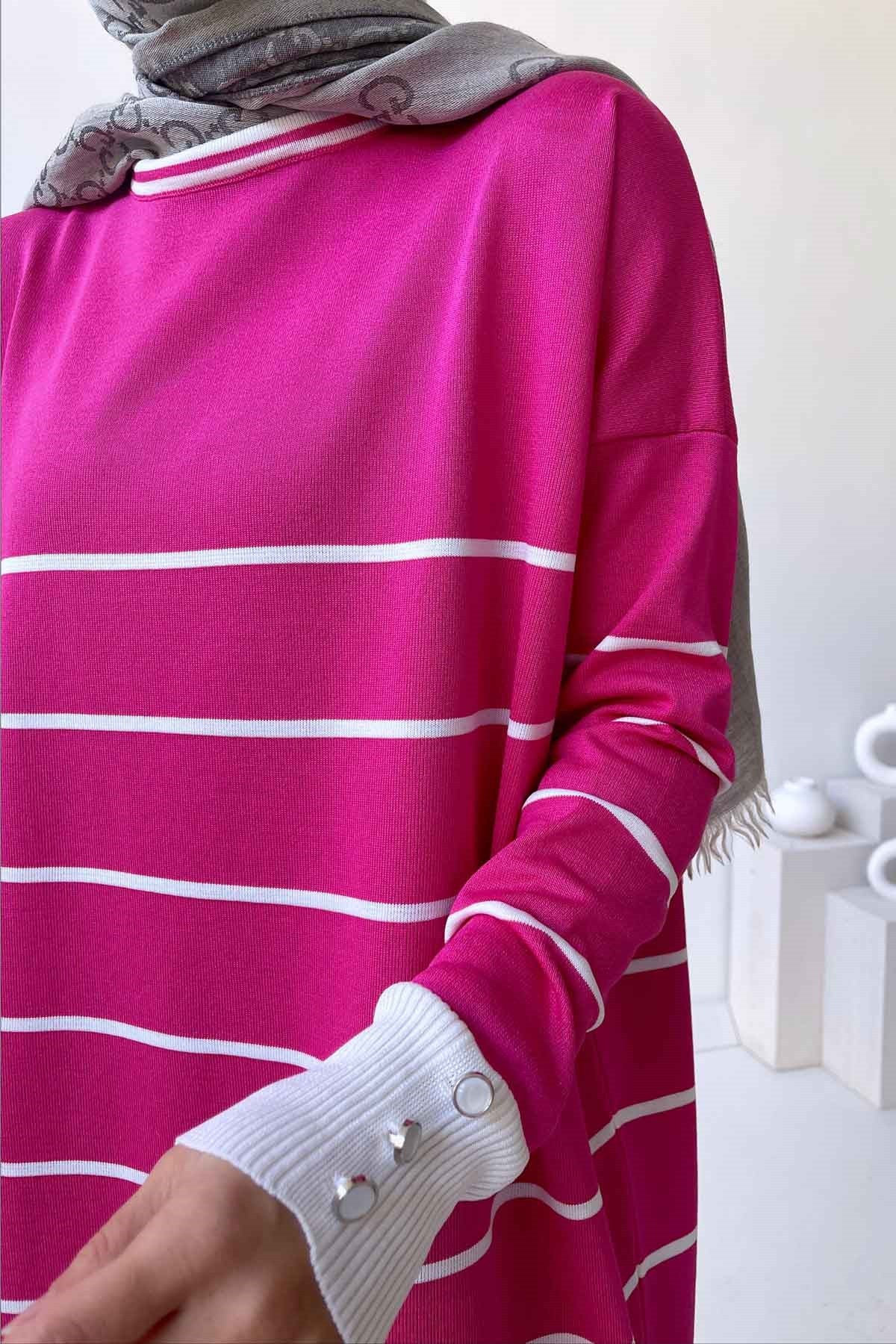 Bicycle Collar Striped Mercerized Tunic - Fuchsia