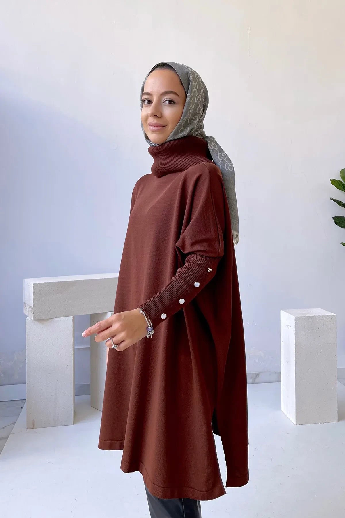 Oversize Mercerized Tunic - Brown