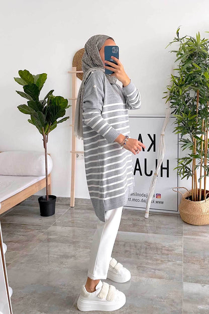 Button Detail Striped Knitwear Tunic - Grey