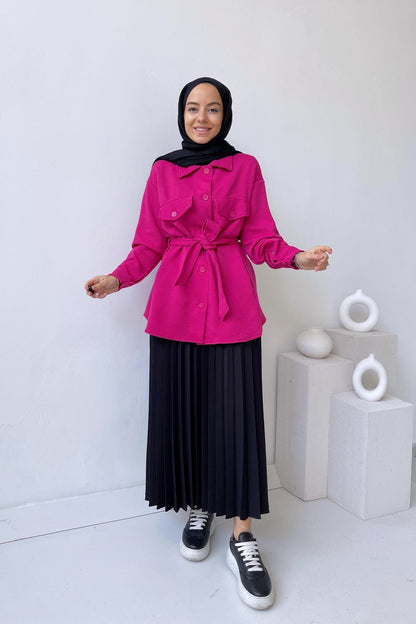 Self-Patterned Belted Shirt - Fuchsia