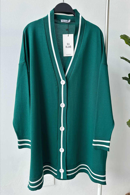 Line Detail Button Mercerized Cardigan - Emerald Color