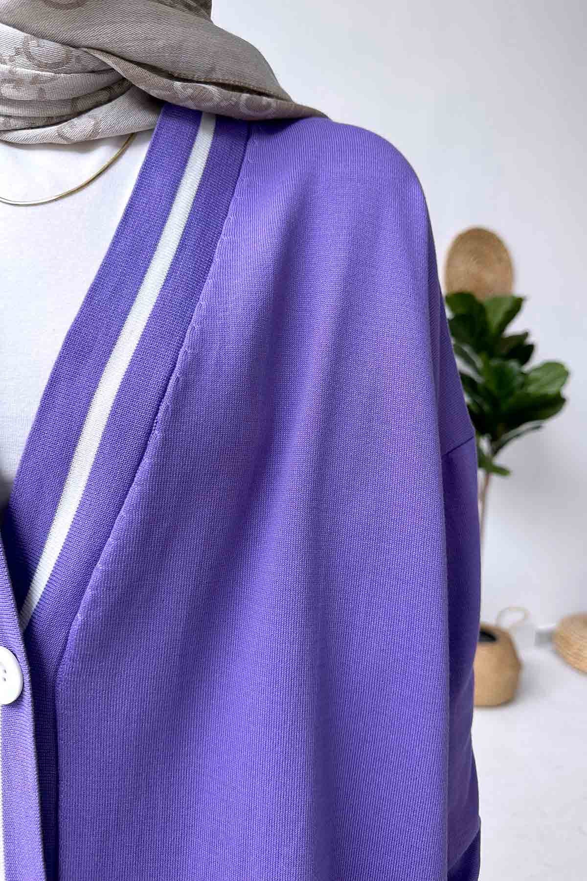 Line Detail Button Mercerized Cardigan - Violet