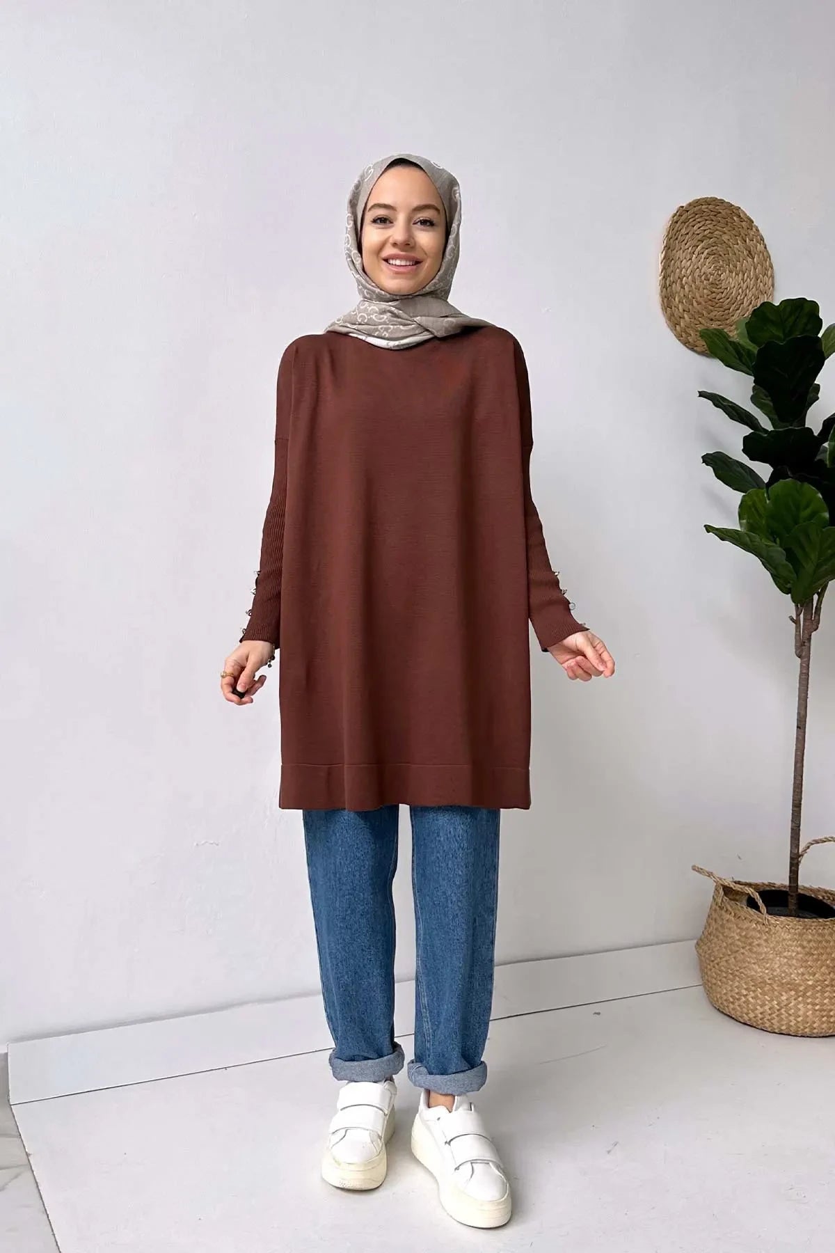 Sleeve Detail Mercerized Tunic - Brown