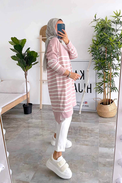 Button Detail Striped Knitwear Tunic - Pink