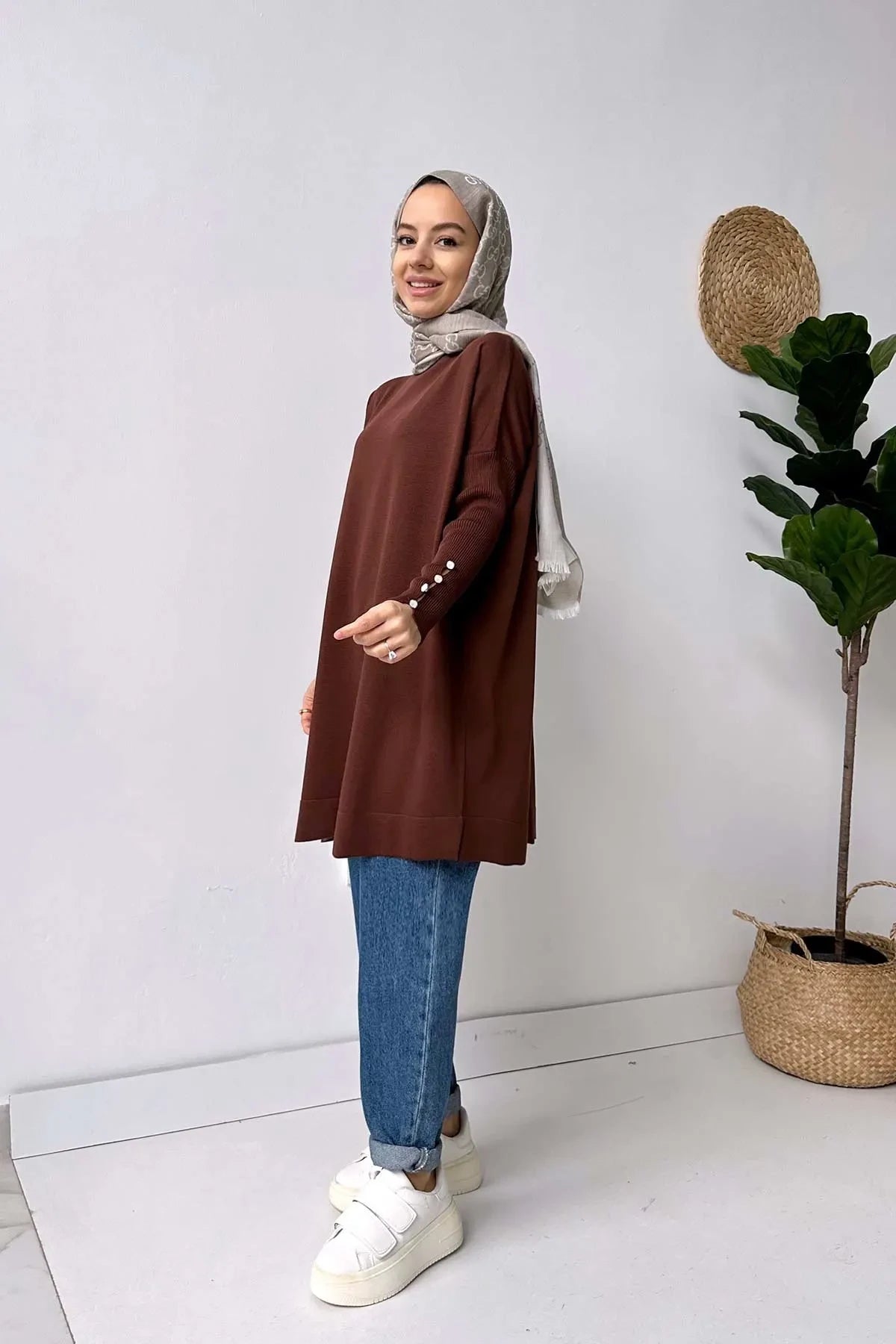 Sleeve Detail Mercerized Tunic - Brown