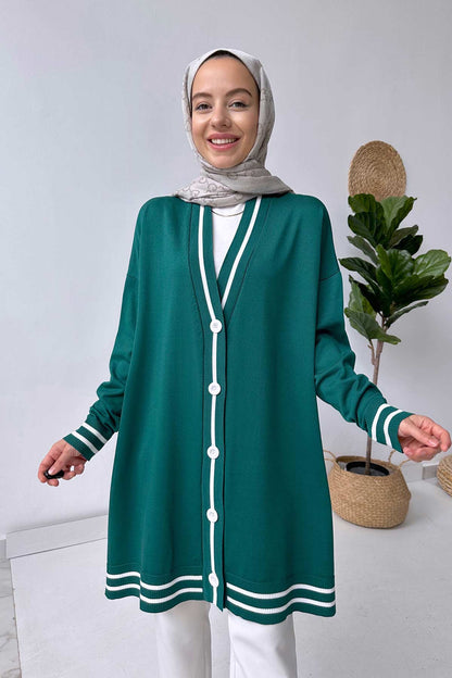 Line Detail Button Mercerized Cardigan - Emerald Color