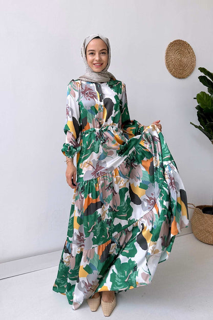 Floral Satin Dress - Green