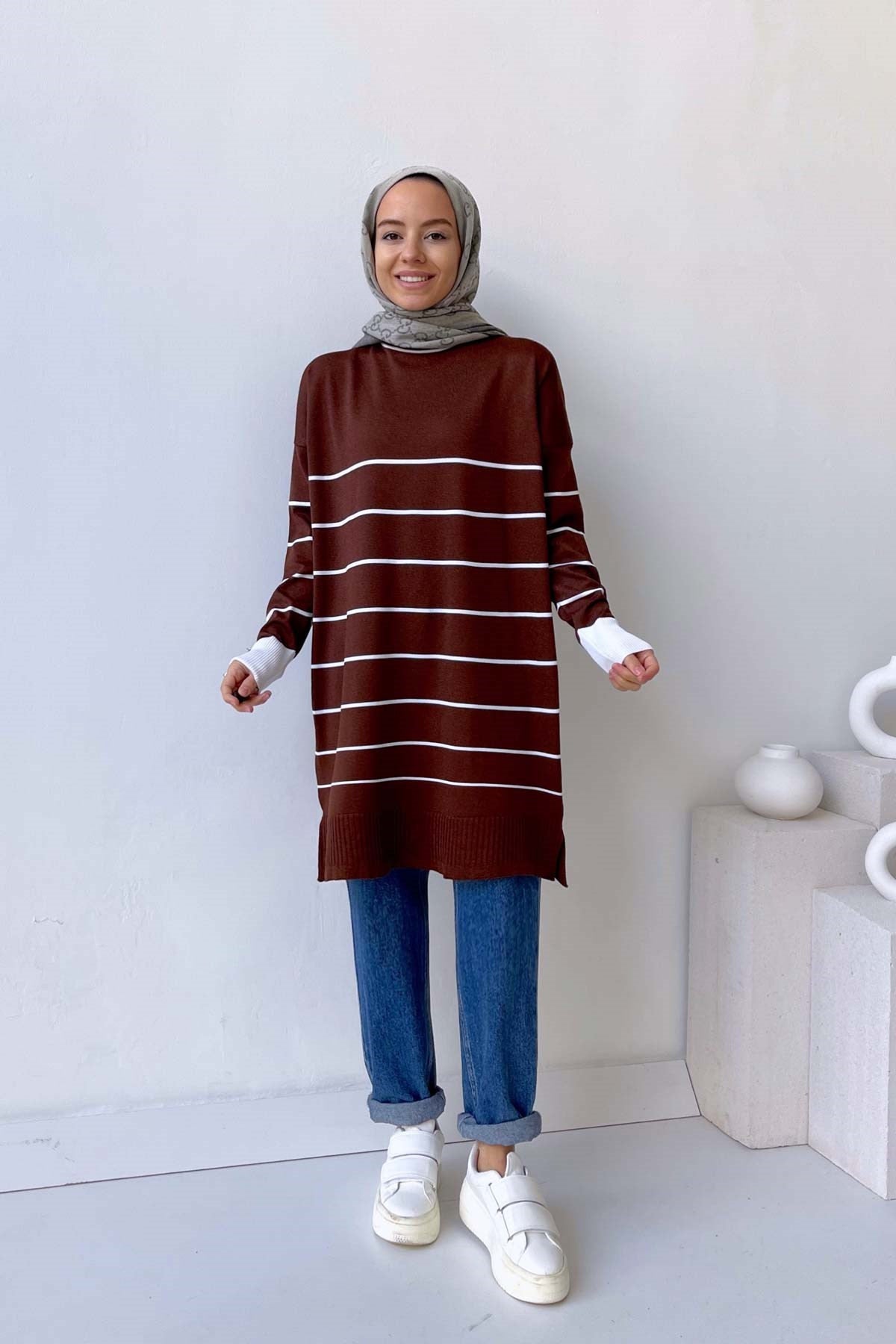 Bicycle Collar Striped Mercerized Tunic - Brown