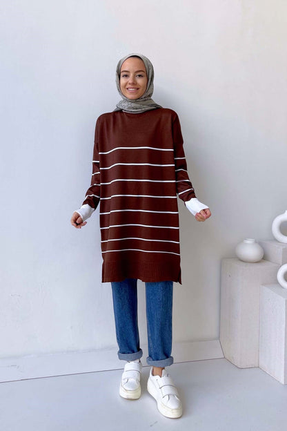 Bicycle Collar Striped Mercerized Tunic - Brown