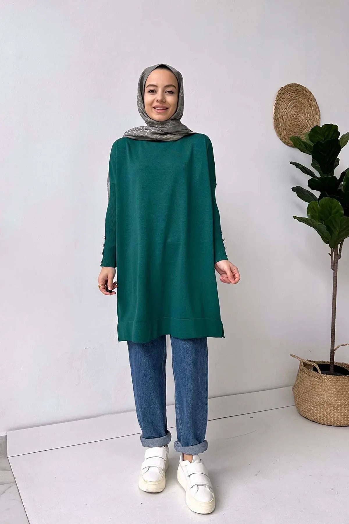 Sleeve Detail Mercerized Tunic - Emerald Color