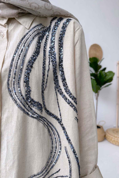 Sequin Embroidery Linen Shirt - Beige