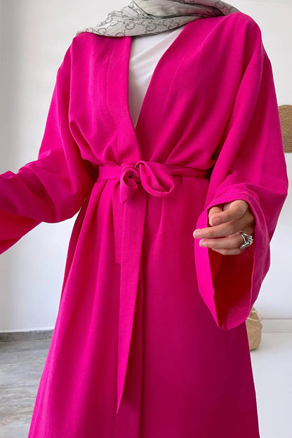 Long Belted Linen Kimono - Fuchsia