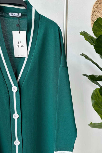 Line Detail Button Mercerized Cardigan - Emerald Color