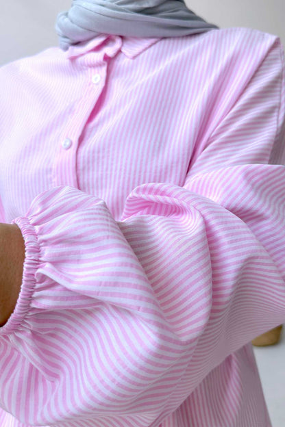 Balloon Sleeve Striped Shirt - Pink