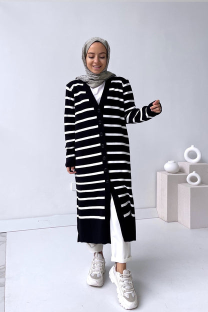 Striped Long Button Knitwear Cardigan - Black