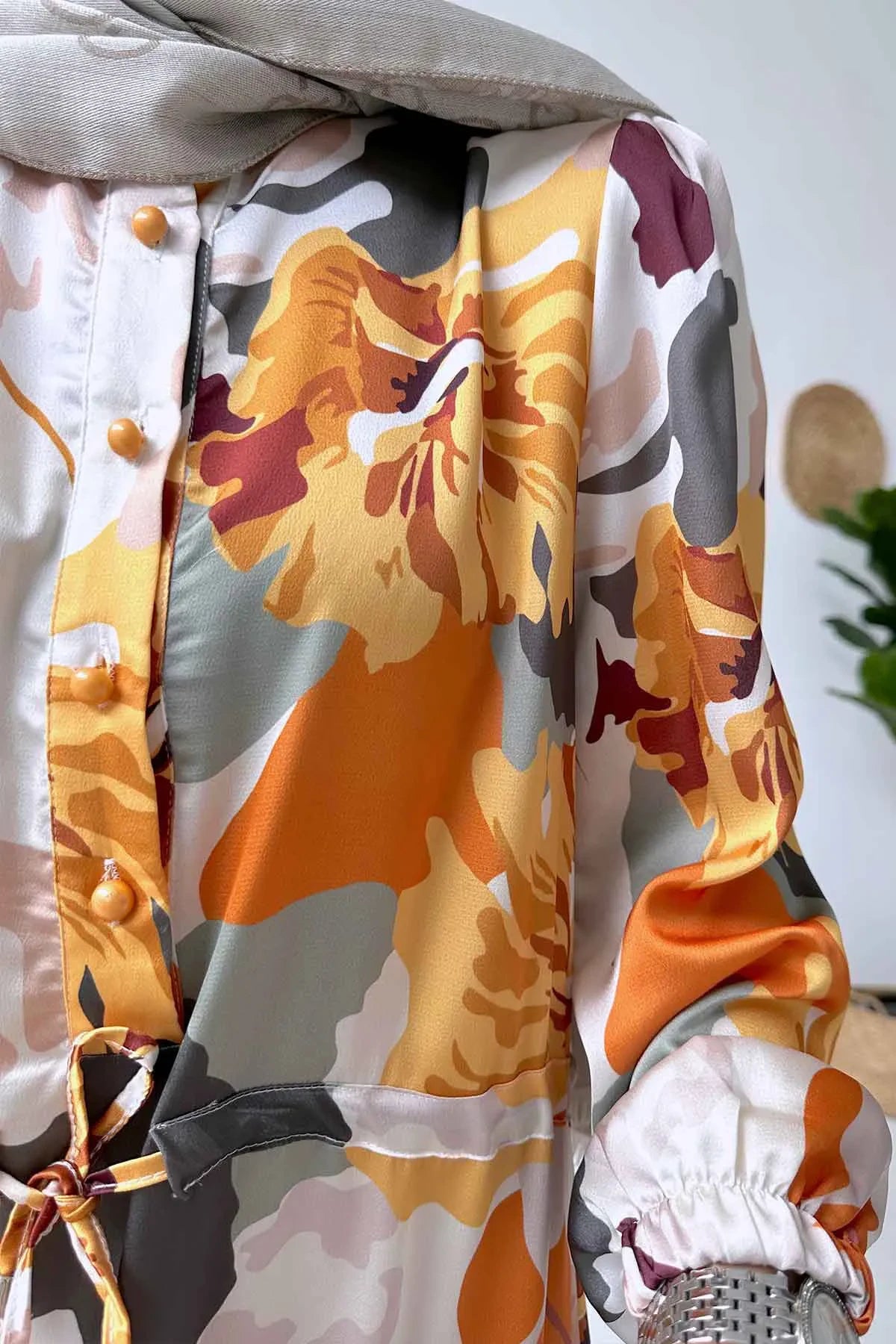 Floral Pattern Satin Dress - Orange