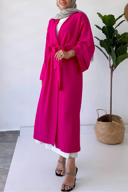 Long Belted Linen Kimono - Fuchsia