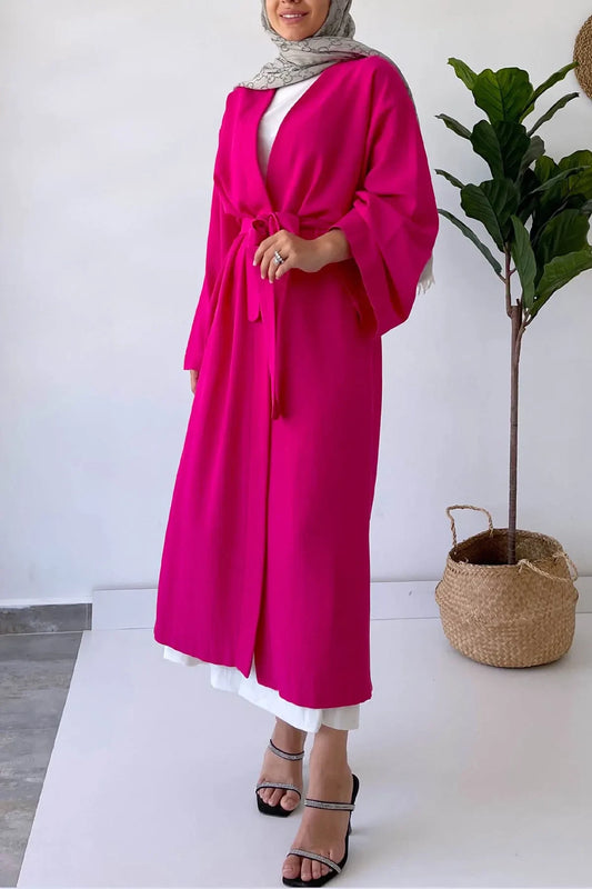 Long Belted Linen Kimono - Fuchsia