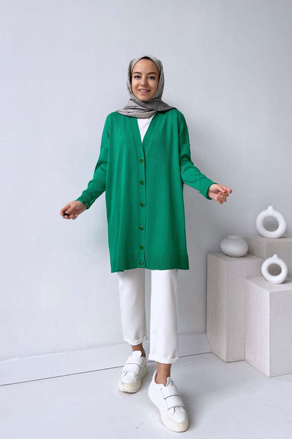 Mercerized Cardigan with Button Wick - Green