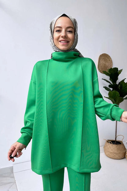 Throated Scuba Fabric Suit - Green