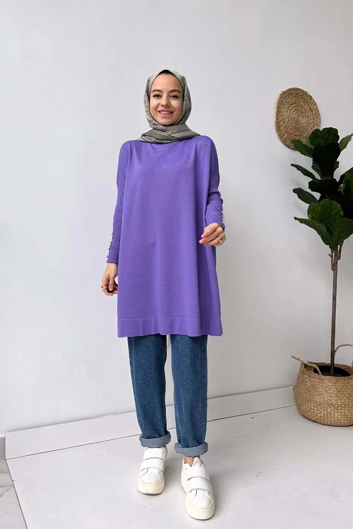 Sleeve Detail Mercerized Tunic - Violet