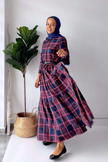 Plaid Dress with Front Buttons - Navy Blue