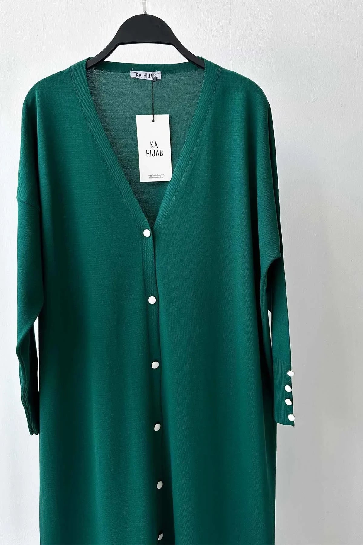 Maxi-Length Buttoned Mercerized Cardigan - Emerald Color