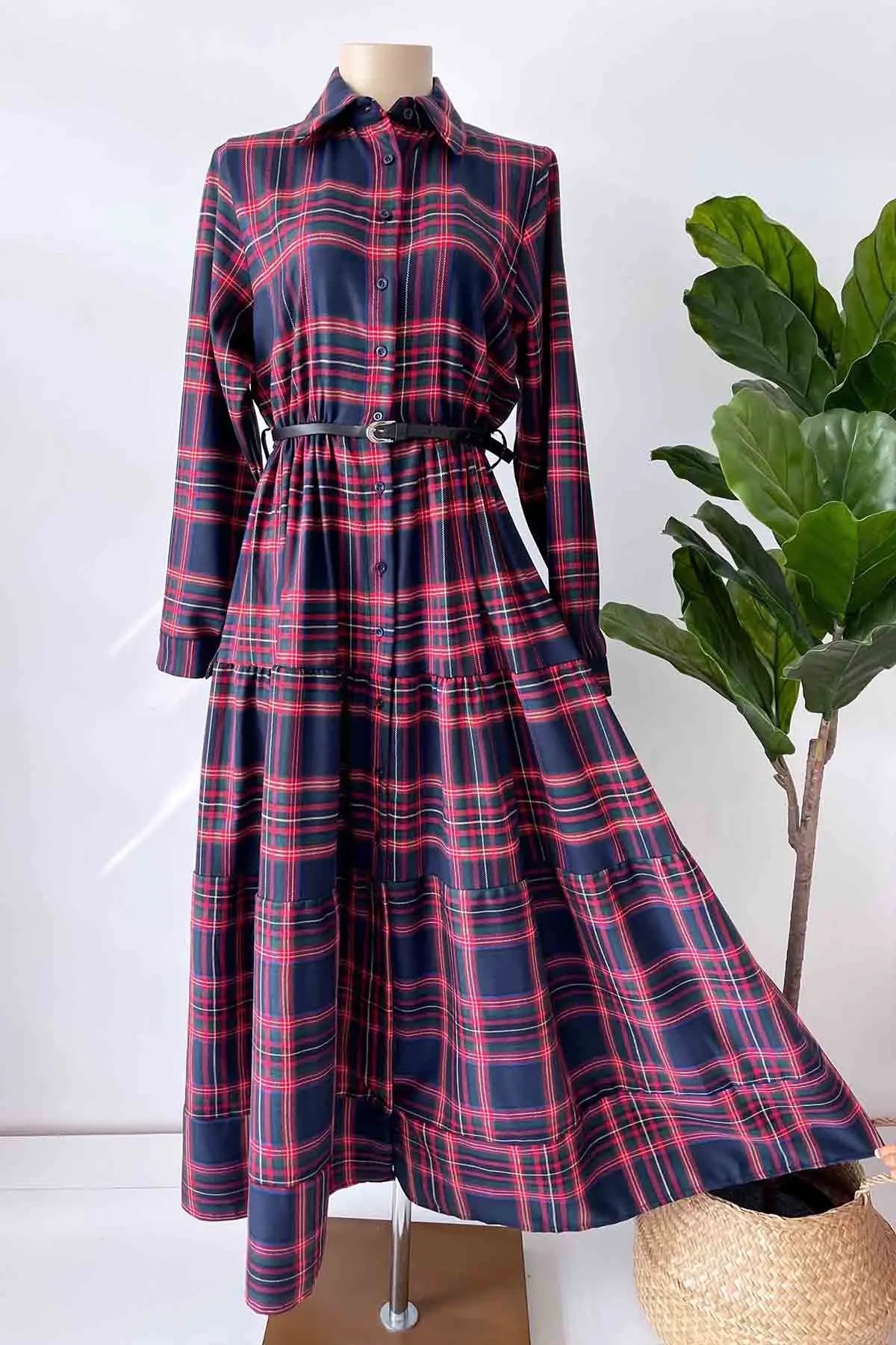 Plaid Dress with Front Buttons - Navy Blue