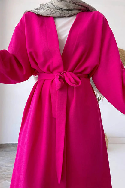 Long Belted Linen Kimono - Fuchsia