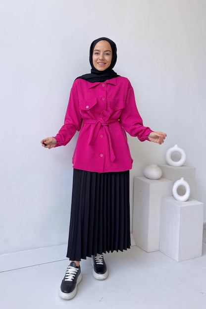 Self-Patterned Belted Shirt - Fuchsia