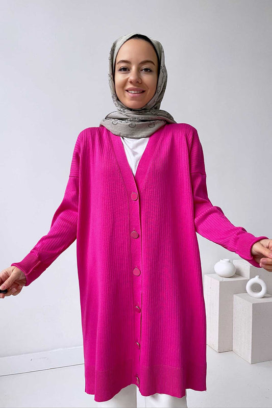 Mercerized Cardigan with Button Wick - Fuchsia