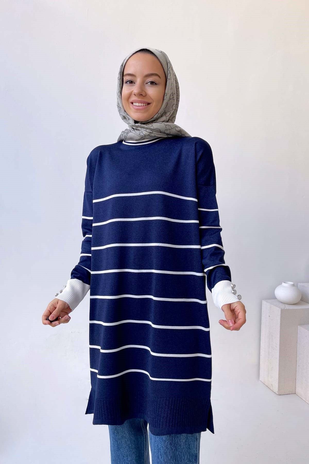 Bicycle Collar Striped Mercerized Tunic - Navy Blue