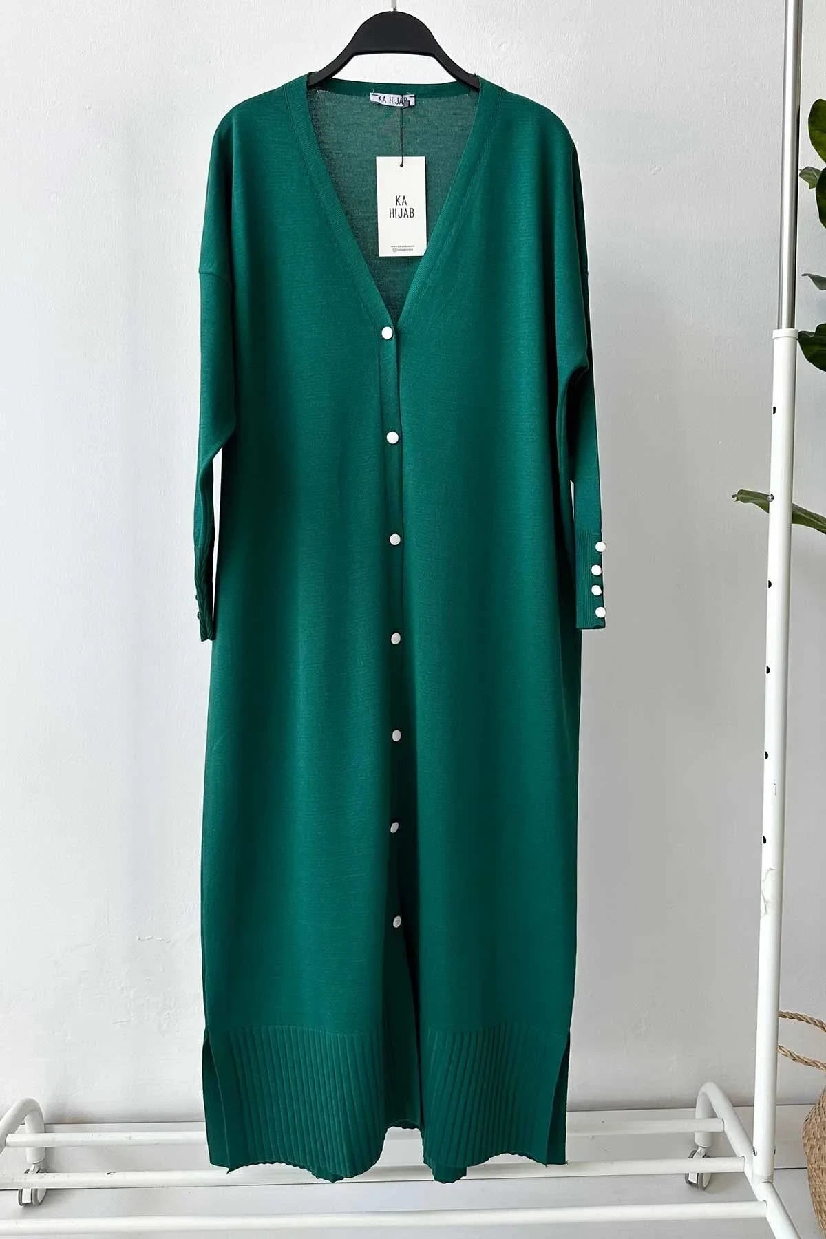 Maxi-Length Buttoned Mercerized Cardigan - Emerald Color