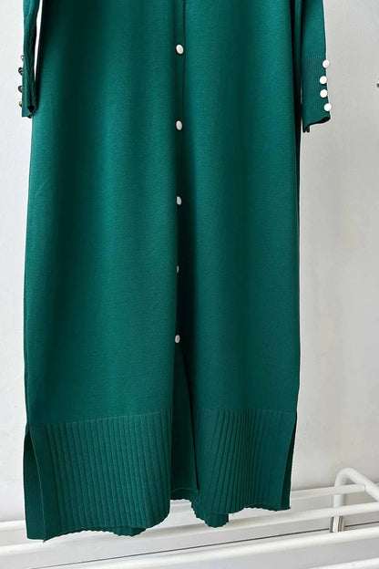 Maxi-Length Buttoned Mercerized Cardigan - Emerald Color