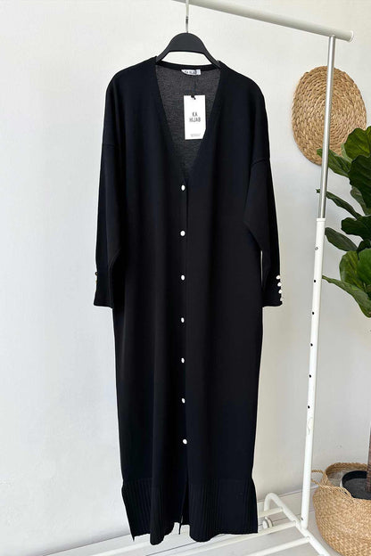 Maxi-Length Buttoned Mercerized Cardigan - Black