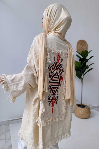 Embroidered Back Kimono - Beige